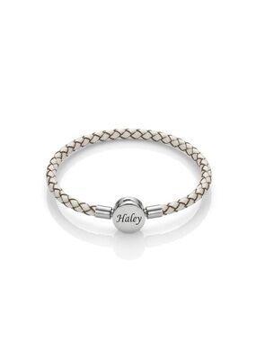 Personalized White Braided Leather Bolo Cord Charm Bracelet